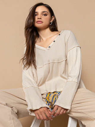 Cream color Button Detail Long Sleeve Top POL Clothing Women's fashion top Designer long sleeve Stylish button top Casual wear Trendy women's top Button accent shirt Comfortable long sleeve Chic fashion top Versatile women's top Boutique clothing Contemporary style Elegant long sleeve Fashionable women's wear