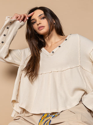 Button Detail Long Sleeve Top POL Clothing Women's fashion top Designer long sleeve Stylish button top Casual wear Trendy women's top Button accent shirt Comfortable long sleeve Chic fashion top Versatile women's top Boutique clothing Contemporary style Elegant long sleeve Fashionable women's wear Cream color