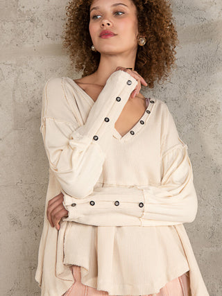 Cream Button Detail Long Sleeve Top POL Clothing Women's fashion top Designer long sleeve Stylish button top Casual wear Trendy women's top Button accent shirt Comfortable long sleeve Chic fashion top Versatile women's top Boutique clothing Contemporary style Elegant long sleeve Fashionable women's wear