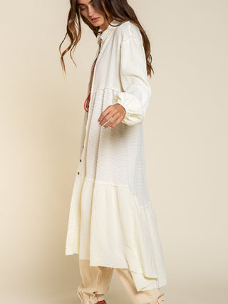 Ecru Thermal Gauze Cardigan Long Cardigan POL Clothing Women's Cardigan Lightweight Cardigan Open Front Cardigan Casual Outerwear Layering Piece Boho Style Cardigan Cozy Cardigan Fall Fashion Comfortable Cardigan Trendy Cardigan Versatile Cardigan Soft Cardigan
