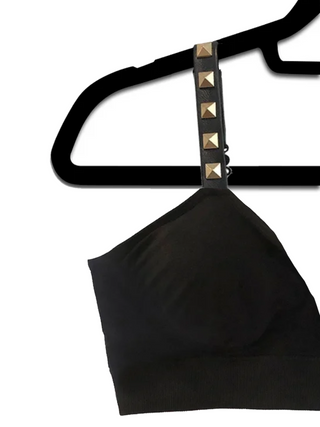 Black Plunge Bra With V Straps - Strap Its Studded strap attached to a black plunge bra