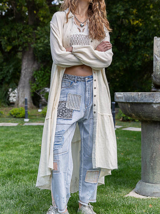 Ecru Thermal Gauze Cardigan Long Cardigan POL Clothing Women's Cardigan Lightweight Cardigan Open Front Cardigan Casual Outerwear Layering Piece Boho Style Cardigan Cozy Cardigan Fall Fashion Comfortable Cardigan Trendy Cardigan Versatile Cardigan Soft Cardigan
