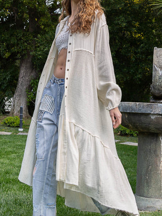 Ecru Thermal Gauze Cardigan Long Cardigan POL Clothing Women's Cardigan Lightweight Cardigan Open Front Cardigan Casual Outerwear Layering Piece Boho Style Cardigan Cozy Cardigan Fall Fashion Comfortable Cardigan Trendy Cardigan Versatile Cardigan Soft Cardigan