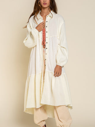 Ecru Thermal Gauze Cardigan Long Cardigan POL Clothing Women's Cardigan Lightweight Cardigan Open Front Cardigan Casual Outerwear Layering Piece Boho Style Cardigan Cozy Cardigan Fall Fashion Comfortable Cardigan Trendy Cardigan Versatile Cardigan Soft Cardigan