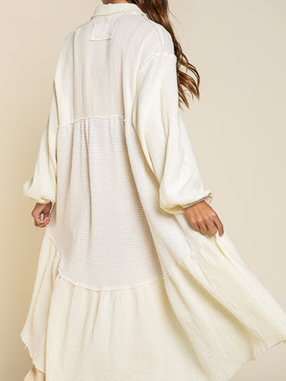 Ecru Thermal Gauze Cardigan Long Cardigan POL Clothing Women's Cardigan Lightweight Cardigan Open Front Cardigan Casual Outerwear Layering Piece Boho Style Cardigan Cozy Cardigan Fall Fashion Comfortable Cardigan Trendy Cardigan Versatile Cardigan Soft Cardigan