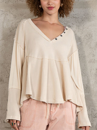Button Detail Long Sleeve Top POL Clothing Women's fashion top Designer long sleeve Stylish button top Casual wear Trendy women's top Button accent shirt Comfortable long sleeve Chic fashion top Versatile women's top Boutique clothing Contemporary style Elegant long sleeve Fashionable women's wear Cream color