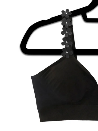 Black Plunge Bra with Black Vegan Leather Flower Strap - Strap Its black vegan flowers bra