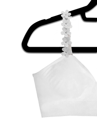 White Plunge Bra with White Vegan Flower Strap - Strap Its white bra with white vegan leather flower straps