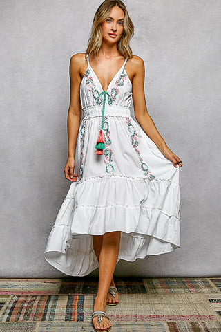 POL Clothing
SMQD25
embroidered maxi dress
boho maxi dress
white embroidered dress
high low maxi dress
high low hem dress
bohemian dress
women's summer dress
resort dress
vacation dress
