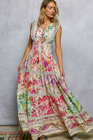 sleeveless maxi dress, flowy summer dress, feminine floral dress, romantic dress, resort wear, vacation dress, beach holiday dress, garden party dress, festival outfit, lightweight maxi dress, colorful floral print, elegant boho fashion, casual chic dress, spring dress, summer fashion, long floral gown, boutique women's clothing, willow bloom lace maxi, country rose tiered maxi, enchanted garden maxi, floral reverie boho maxi, blossom haven maxi, serena floral lace maxi, willow bloom floral lace tiered maxi