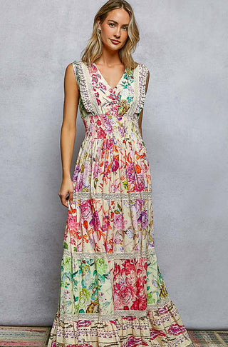 boho maxi dress, floral maxi dress, cream floral dress, bohemian dress, cottagecore dress, vintage floral print, tiered maxi dress, lace trim dress, crochet lace details, ruffle shoulder dress, V-neck maxi dress, smocked waist dress, empire waist dress, wildflower grace boho dress,blooming meadow ace mxi dress,flora romance tiered max dress secret garden bohemian maxi,rosalie floral lace maxi dress, botanical bliss maxi dress, meadow muse tiered dress, sunlit garden floral maxi, vintage bloom boho dress, 