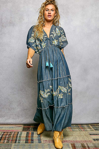 boho embroidered maxi dress, washed denim dress, embroidered denim maxi, floral embroidered dress,  boutique clothing, boho chic dress, artisan embroidered dress, casual maxi dress, lightweight summer dress, st