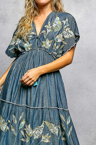 festival dress, vacation dress, boutique maxi dress, women's embroidered dress, flowy maxi dress, blue embroidered dress