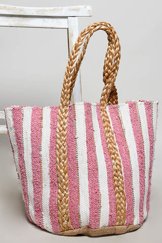 Pink and ivory striped beach tote
Oversized woven beach bag for women
Stylish pink beach tote for vacation
Coastal chic woven tote bag
Pink striped resort tote bag
Large summer beach tote with braided handles
Boho woven beach bag for women
Pink and cream vacation tote
Fashionable beach bag for resort vacations
Cute pink beach tote for summer
Luxury-inspired woven beach bag
Beach-to-boardwalk summer tote