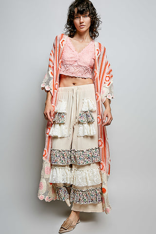 crochet kimono, crochet duster, boho kimono, bohemian cardigan, granny square crochet, floral crochet, heart crochet, handmade look, open front cardigan, long crochet cover up, festival outfit, beach cover up, resort wear, lightweight layering, vintage inspired, patchwork crochet, ivory crochet, orange crochet, pink accents, geometric crochet, oversized fit, relaxed fit, maxi cardigan, scalloped hem, artisan style, hippie fashion, boho chic, statement layering, women's outerwear, spring cardigan, 