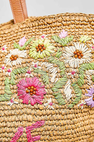 Love & Blooms Embroidered Raffia Tote