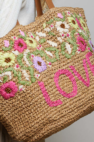 Love & Blooms Embroidered Raffia Tote | Floral Beach Bag
