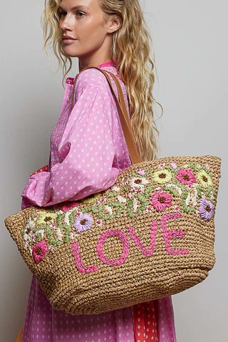 Love in Bloom Raffia Tote
Blooming Love Beach Tote
Love &amp; Flowers Woven Tote
Sweet Love Floral Raffia Bag
Love Garden Embroidered Beach Tote