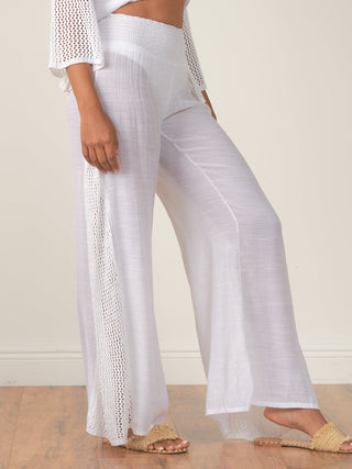 Elan Crochet Pants White Boho Style Beachwear Resort Wear Lightweight Pants Summer Fashion Festival Outfit Sheer Crochet Casual Chic Lace Detailing Comfortable Fit Trendy Pants Bohemian Vibes Elegant Crochet Design