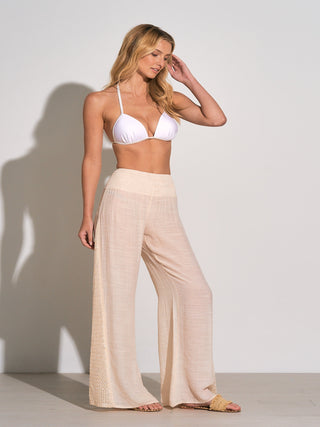 Elan Crochet Pants Natural Boho Style Beachwear Resort Wear Lightweight Pants Summer Fashion Festival Outfit Sheer Crochet Casual Chic Lace Detailing Comfortable Fit Trendy Pants Bohemian Vibes Elegant Crochet Design