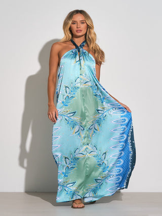 Leigh Halter Maxi Elan maxi dress Halter neck dress Summer maxi dress Beachwear Boho style Casual elegance Lightweight fabric Flowy dress Vacation outfit Resort wear Halter maxi gown Long summer dress Stylish maxi dress Blue Bali Print
