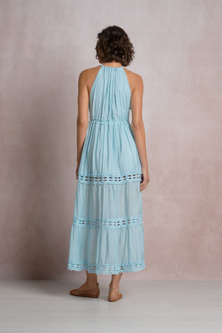 light blue summer dress
beach wedding guest dress
tropical vacation dress
feminine maxi dress
boutique maxi dress
light blue vacation dress for resort wear
bohemian lace detail maxi dress
beach wedding guest maxi dress in light blue
women's summer dress with crochet trim
coastal style maxi dress for women
feminine blue maxi dress for summer
boutique resort maxi dress for vacation