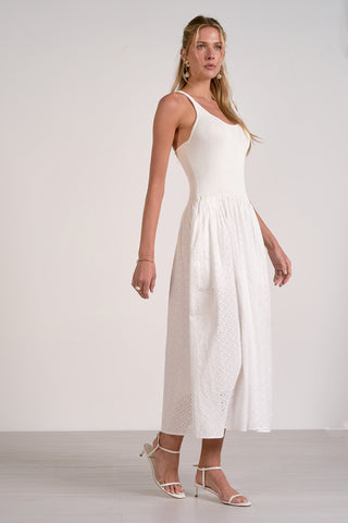 women's ivory eyelet midi dress
white eyelet midi dress for summer
ivory sleeveless midi dress with eyelet skirt
feminine white midi dress for vacation
women's summer eyelet dress
ivory vacation dress for women