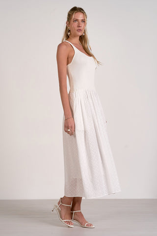 elegant white midi dress for special occasions
women's white eyelet dress for vacation
boho feminine ivory midi dress
summer white dress with embroidered eyelet detailing