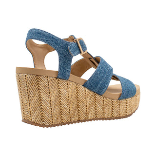 Blue denim wedge sandal with woven platform 