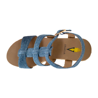 Denim strap sandals with a brown sole