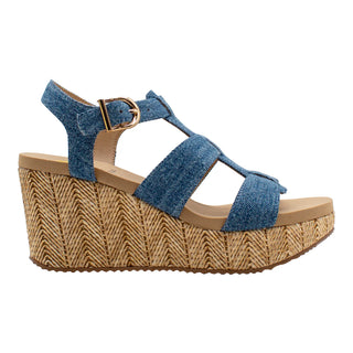 Blue wedge sandal with woven sole