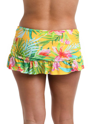  La Blanca, Calypso Bloom
 Ruffle skirted bottom, swim skirt, flirty swimwear, feminine swim bottom
Fit & Features: Full coverage, tummy control, flattering fit, ruched waistband
Beachwear, resort swimwear, tropical vacation, poolside style
Floral swim skirt, tropical print, vibrant swim bottom
 Mix and match swimwear, bikini set, matching top