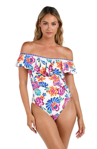 La Blanca Flor de Paradiso one piece swimsuit
La Blanca off shoulder ruffle one piece
Flor de Paradiso swimsuit La Blanca
La Blanca Paradiso ruffle off shoulder swimsuit
La Blanca floral off shoulder one piece

off the shoulder ruffle swimsuit
ruffle neckline one piece swimsuit
floral print one piece swimwear
romantic ruffle swimwear one piece
feminine resort swimsuit

removable straps off shoulder swimsuit
shirred tummy control one piece swimsuit 