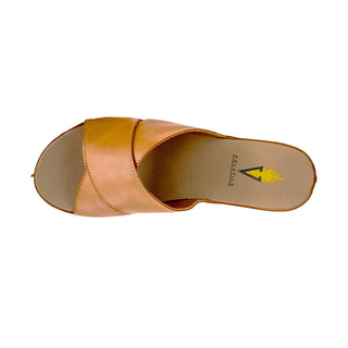 Tan sandal with a brand logo on the sole 